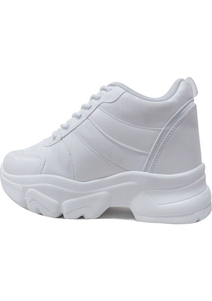 Beyaz Gümüş Yüksek Topuklu Bağcıklı Sneakers Spor Ayakkabı