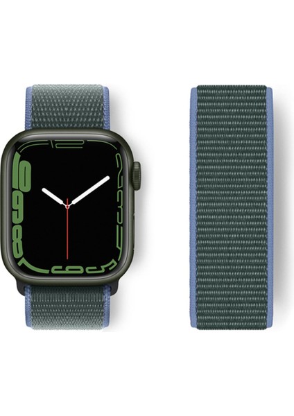 Apple Watch 42MM Uyumlu Hasır Kordon Kumaş Kayış Cırtcırtlı Kordon - Mavi-Yeşil