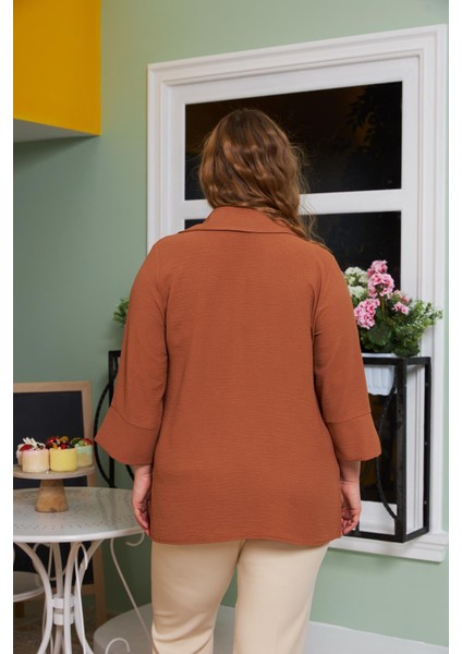 Yaka Detaylı Büyük Beden Bluz Camel fırsatları