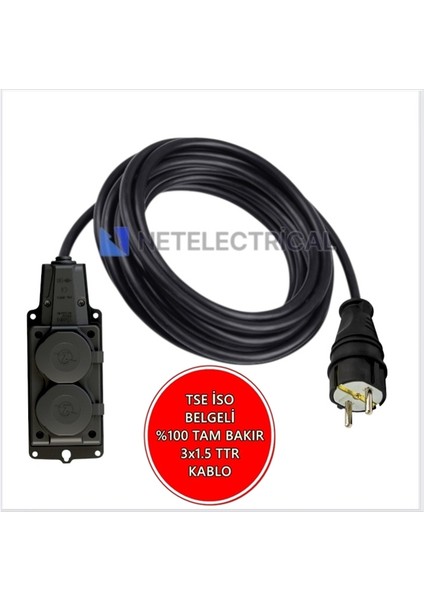 Kauçuk 2'li Topraklı Grup Priz Uzatma Kablosu 45 Metre 3x1.5 Mm² Ttr Siyah Kablolu