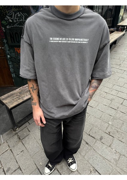 Renegade Yıkamalı Oversize T-Shirt - Gri fırsatları
