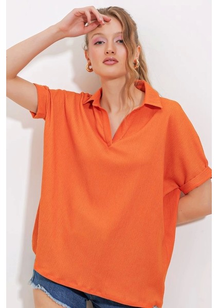 Turuncu Oversize Polo Yaka Örme Bluz 0486