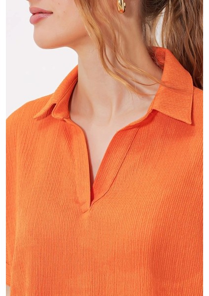 Turuncu Oversize Polo Yaka Örme Bluz 0486