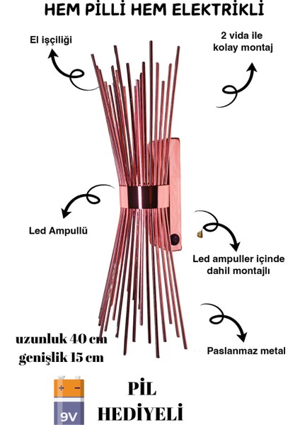 Kirpi Rose, Pilli Aplik, Anahtarlı, Pilli Elektrikli 2'si 1 Arada, Ledli Duvar Aplik, Gece Lambası