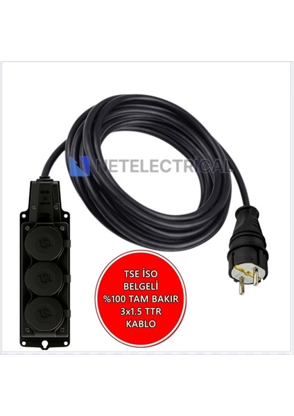 Kauçuk 3'lü Topraklı Grup Priz Uzatma Kablosu 11 Metre 3x1.5 Mm² Ttr Siyah Kablolu