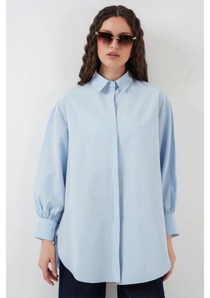 5946 Oversize Uzun Gömlek Tunik - Mavi