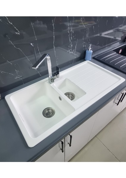 Granit Eviye - Beyaz Renk - 100X50 cm - 1.5 Gözlü Damlalıklı Mutfak Eviyesi