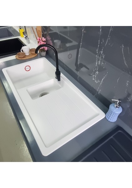 Granit Eviye - Beyaz Renk - 100X50 cm - 1.5 Gözlü Damlalıklı Mutfak Eviyesi fiyatları