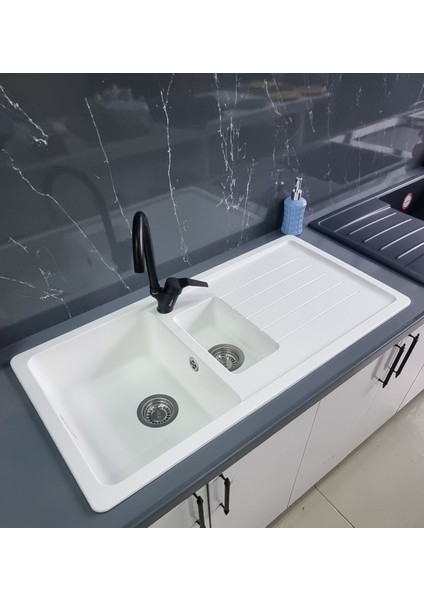 Granit Eviye - Beyaz Renk - 100X50 cm - 1.5 Gözlü Damlalıklı Mutfak Eviyesi modelleri