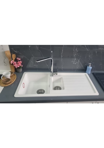 Granit Eviye - Beyaz Renk - 100X50 cm - 1.5 Gözlü Damlalıklı Mutfak Eviyesi fırsatları
