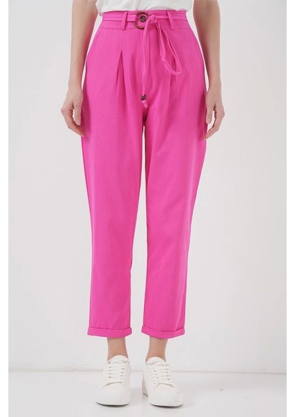6660 Kemerli Keten Pantolon - Fuşya