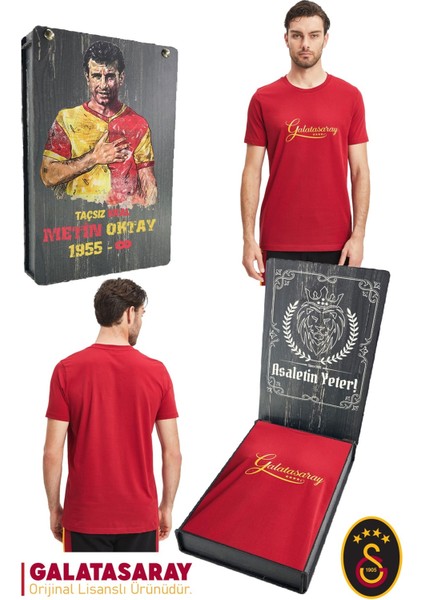 Orijinal Lisanslı Kırmızı Erkek T-Shirt Metin Oktay Baskılı Hediyelik Ahşap Kutulu