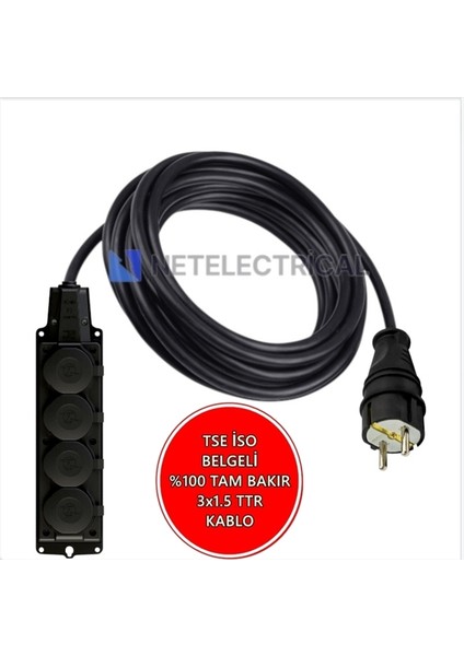 Kauçuk 4'lü Topraklı Grup Priz Uzatma Kablosu 11 Metre 3x1.5 Mm² Ttr Siyah Kablolu