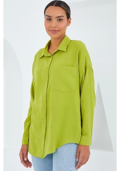 20153 Tek Cepli Oversize Keten Gömlek - Yağ Yeşil