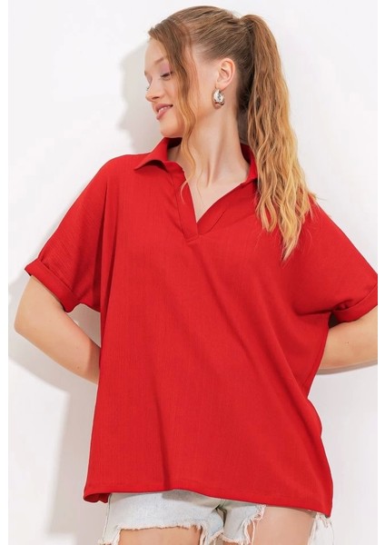 Kırmızı Oversize Polo Yaka Örme Bluz 0486