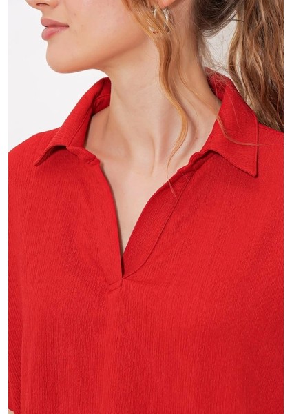 Kırmızı Oversize Polo Yaka Örme Bluz 0486