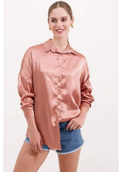 3985 Oversize Saten Gömlek - Camel