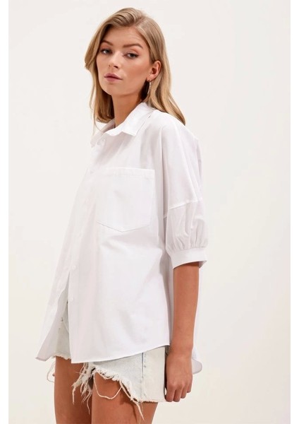 20213 Oversize Kısa Kol Basic Gömlek - Beyaz