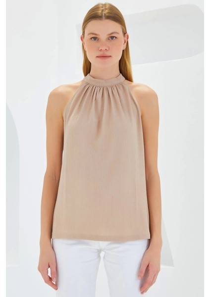 0489 Halter Yaka Örme Bluz - Bisküvi