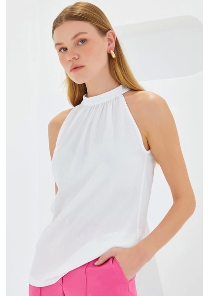 0489 Halter Yaka Örme Bluz - Beyaz