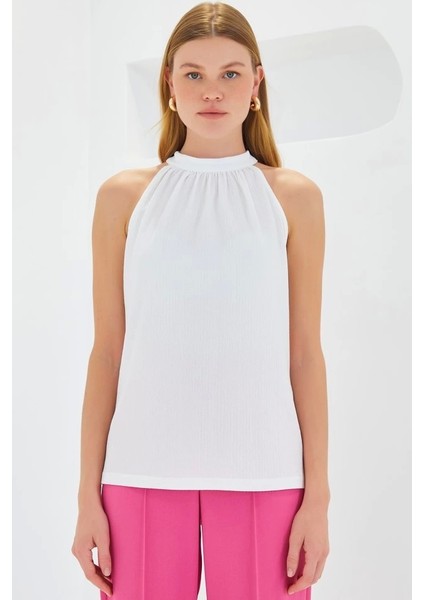 0489 Halter Yaka Örme Bluz - Beyaz