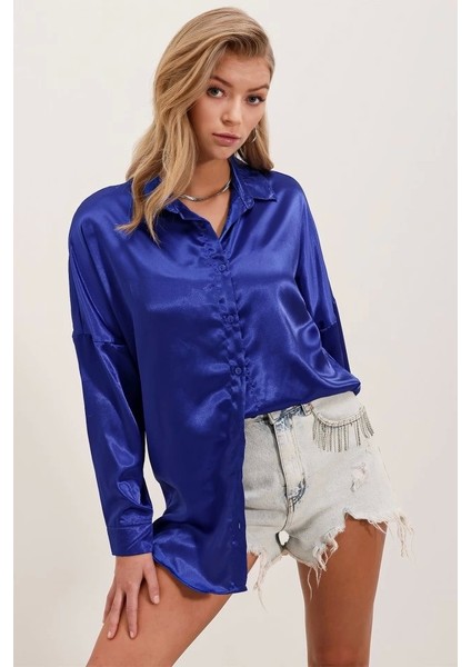 3985 Oversize Saten Gömlek - Saks