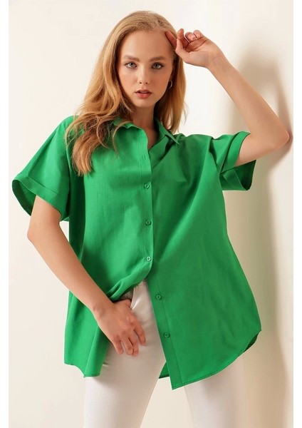 20120 Oversize Kısa Kollu Gömlek - Yeşil