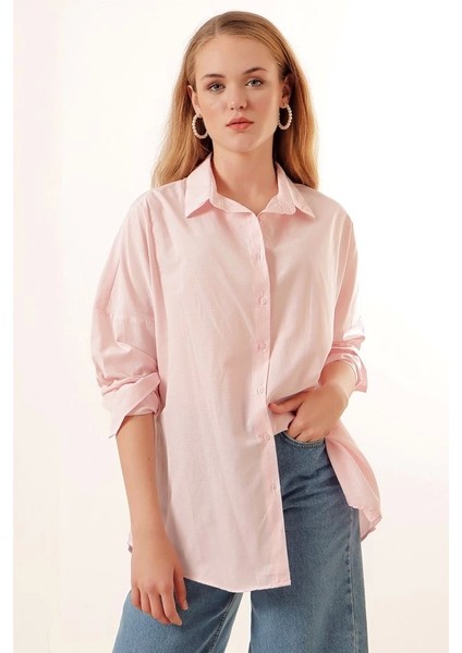 3900 Oversize Uzun Basic Gömlek - Pudra