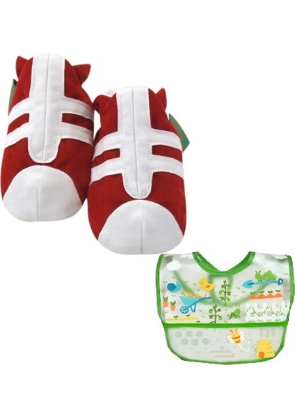 İkili Set, 6-18 Ay İplay Mama Önlüğü Ve 6-12ay Trainer Red Funky Süet Patik
