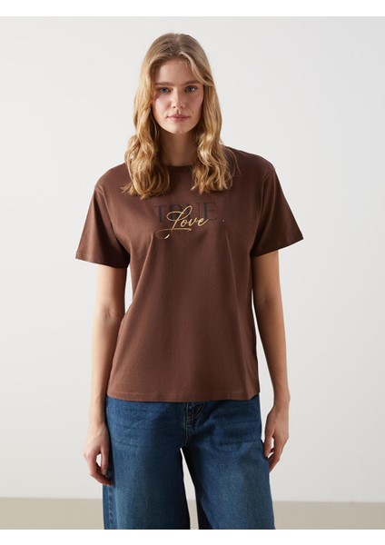 Lcw Vision Bisiklet Yaka Baskılı Kadın Tişört