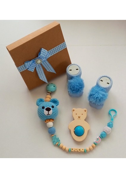 Hoşgeldin Bebek, Yenidoğan Erkek Bebek, Mavi Örgü Ayıcık, Isimli Emzik Askısı Hediye Seti fırsatları