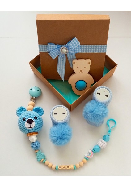 Hoşgeldin Bebek, Yenidoğan Erkek Bebek, Mavi Örgü Ayıcık, Isimli Emzik Askısı Hediye Seti indirimleri