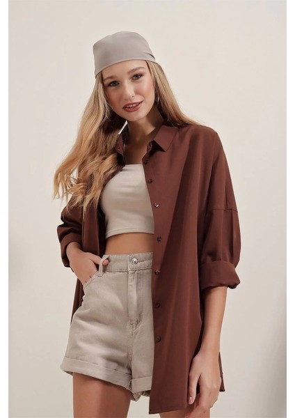 3900 Oversize Uzun Basic Gömlek Kahverengi