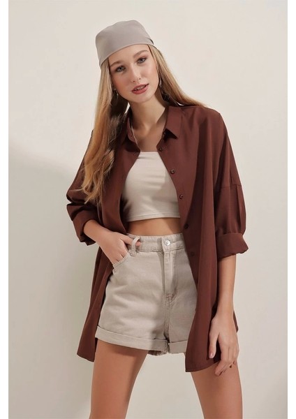 3900 Oversize Uzun Basic Gömlek Kahverengi