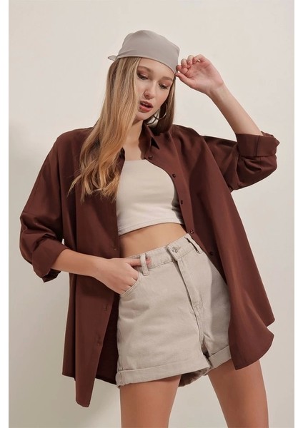 3900 Oversize Uzun Basic Gömlek Kahverengi