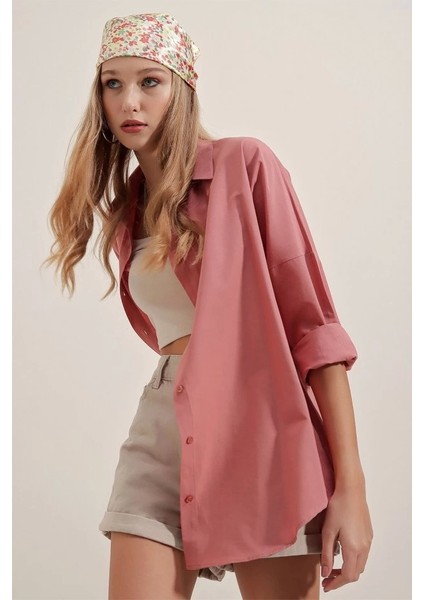 3900 Oversize Uzun Basic Gömlek - Gül Kurusu