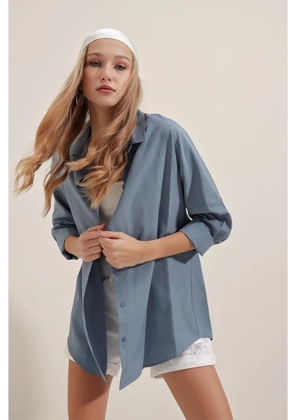 3900 Oversize Uzun Basic Gömlek - Indigo
