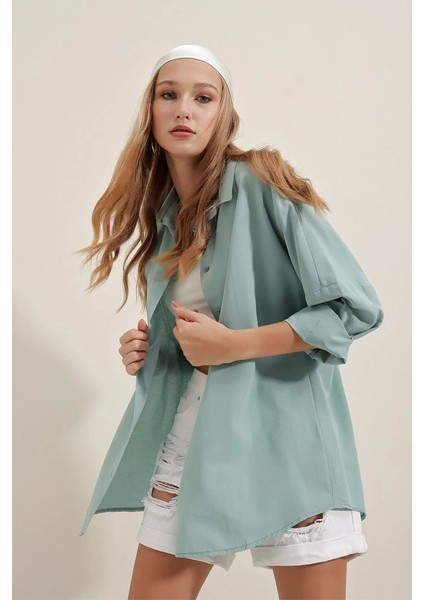 3900 Oversize Uzun Basic Gömlek - Su Yeşili