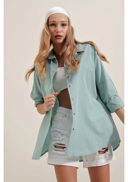 3900 Oversize Uzun Basic Gömlek - Su Yeşili