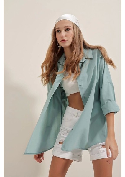 3900 Oversize Uzun Basic Gömlek - Su Yeşili