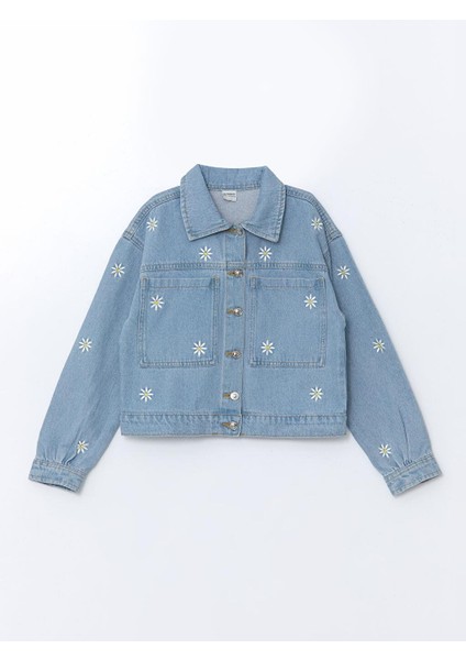 Lcw Kids Gömlek Yaka Çiçek Nakışlı Kız Çocuk Jean Ceket