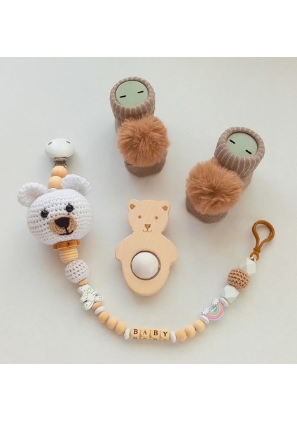 Hoşgeldin Bebek, Unisex, Yenidoğan Bebek, Beyaz Örgü Ayıcık Isimli Emzik Askısı Hediye Seti fiyatları