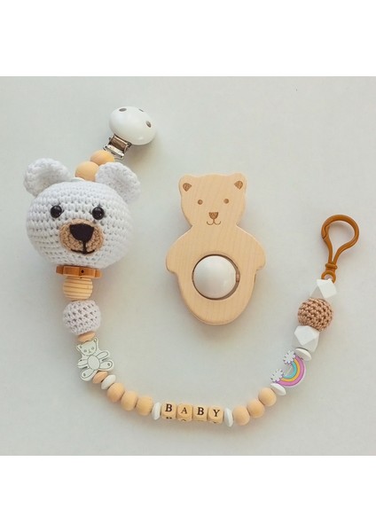 Hoşgeldin Bebek, Unisex, Yenidoğan Bebek, Beyaz Örgü Ayıcık Isimli Emzik Askısı Hediye Seti fırsatları
