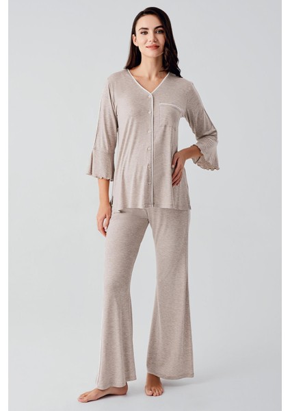 Düğmeli Uzun Kollu Kısa Esnek Viskoz Hamile Pijama Takımı 16207