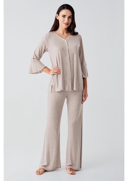 Düğmeli Uzun Kollu Kısa Esnek Viskoz Hamile Pijama Takımı 16207 fiyatları