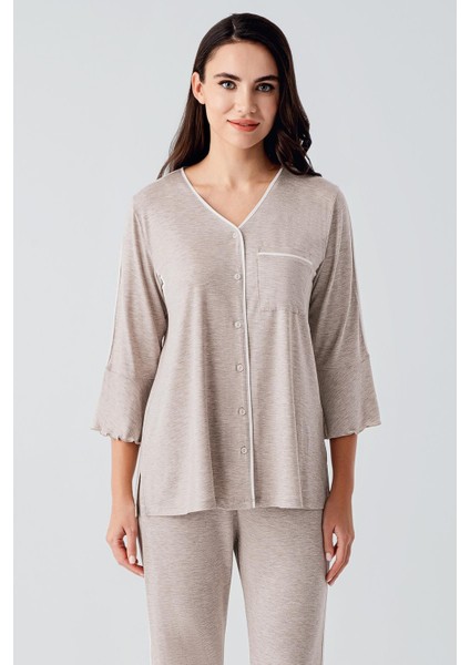 Düğmeli Uzun Kollu Kısa Esnek Viskoz Hamile Pijama Takımı 16207 fırsatları