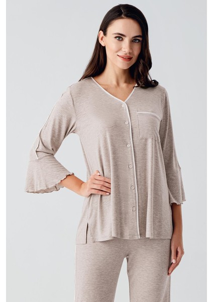 Düğmeli Uzun Kollu Kısa Esnek Viskoz Hamile Pijama Takımı 16207 indirimleri