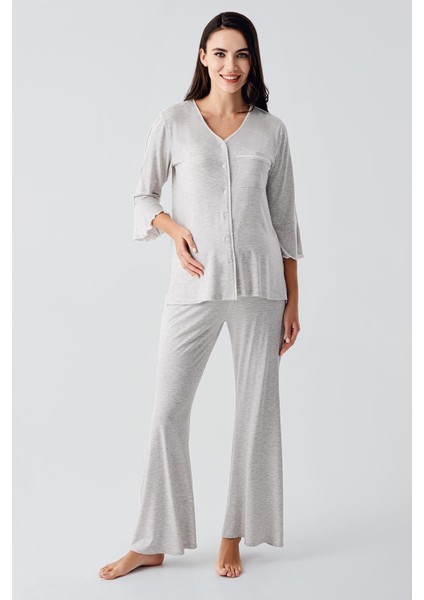 Düğmeli Uzun Kollu Kısa Esnek Viskoz Hamile Pijama Takımı 16207