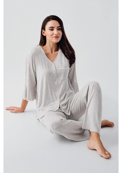 Düğmeli Uzun Kollu Kısa Esnek Viskoz Hamile Pijama Takımı 16207 modelleri
