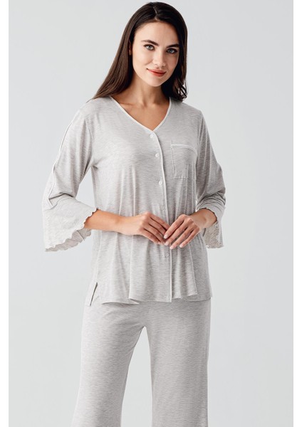 Düğmeli Uzun Kollu Kısa Esnek Viskoz Hamile Pijama Takımı 16207 indirimleri